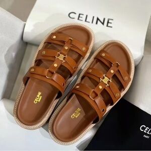 Celine Brown Leather Strappy Heeled Slide Sandals